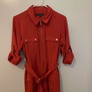 Shirt Dress With Adjustable Belt, Size 8, Pumpkin Color,